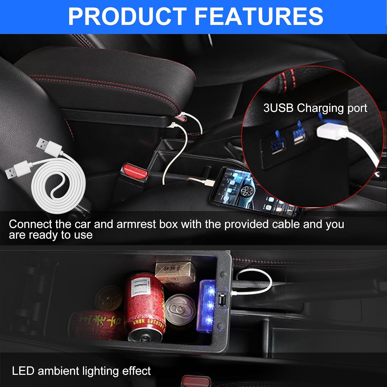 Car Centre Console Armrest Box with USB Charging - Image 4